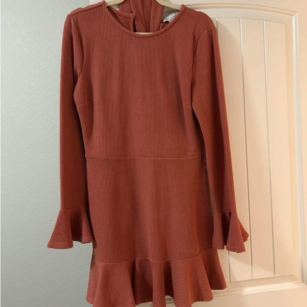 Rust Long Sleeve Dress with Ruffle Hem